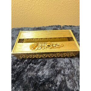 Vintage Ornate Gold Rectangular Metal Tissue Cover Box With Rose Hinged Lid